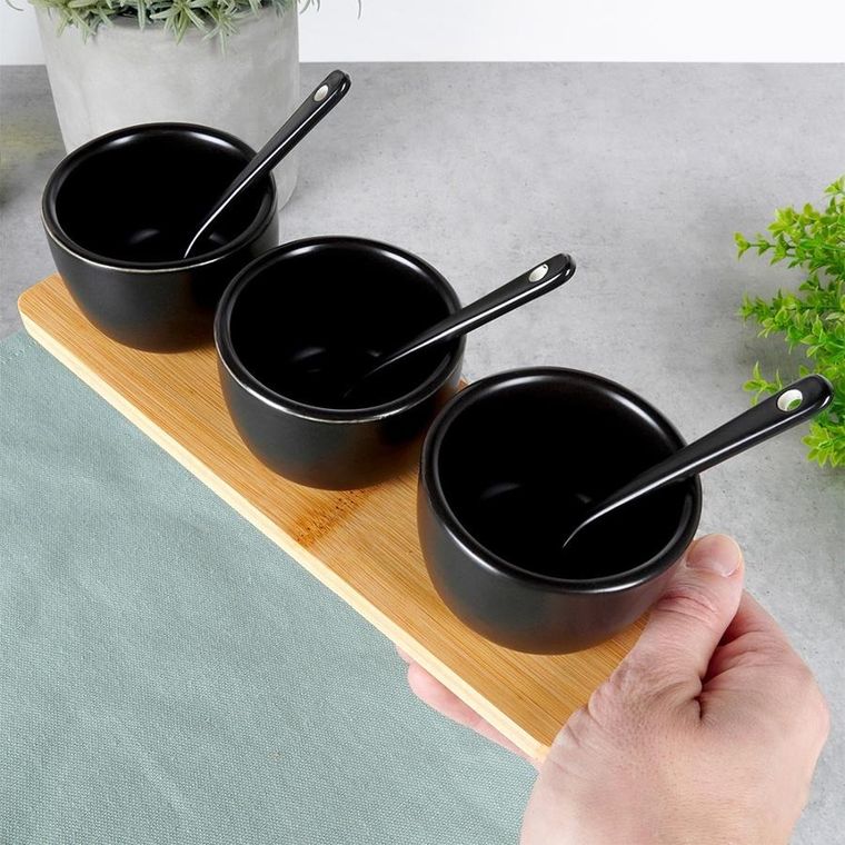 Vilde, miseczki na przekąski z łyżeczkami ceramiczne, czarne, 90 ml, 7 el.