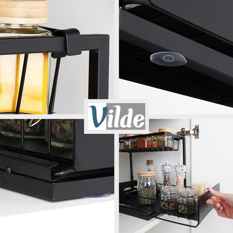 Vilde, półka kuchenna z wysuwaną szufladą, dwupoziomowa, metalowa, czarna, 36-27-28,5 cm