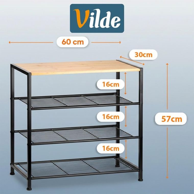 Vilde, regał na buty, 4-poziomowy, metalowy, czarny, 60-30-57 cm