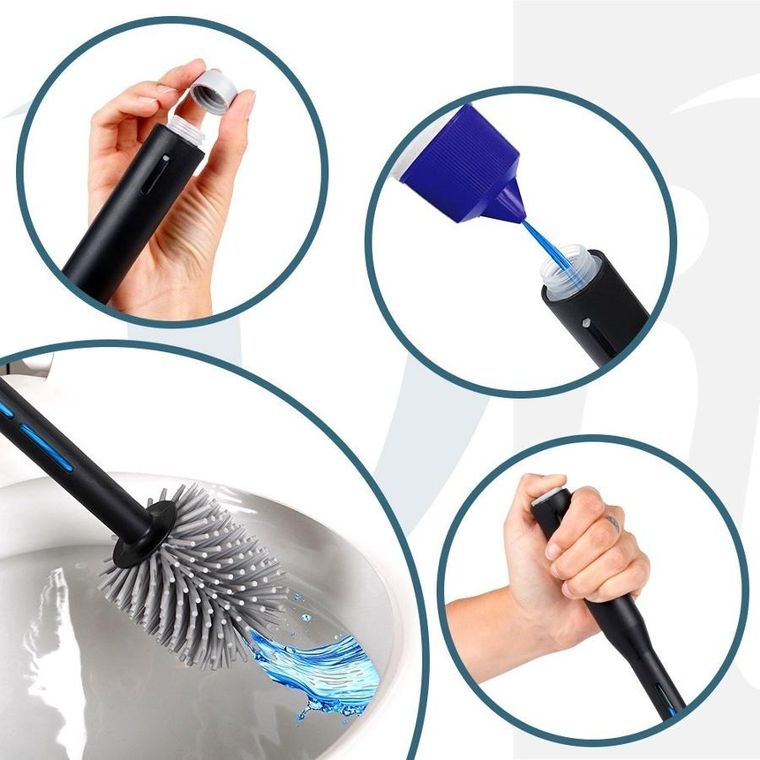 Vilde, silikonowa szczotka do toalety ze stojakiem i dozownikiem płynu, czarna, 40 cm