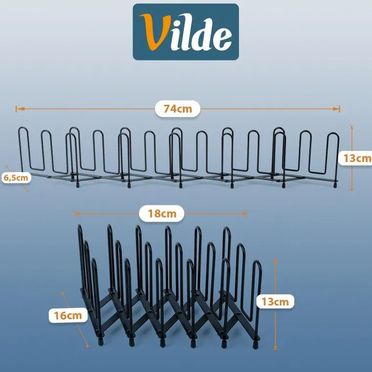 Vilde, stojak na pokrywki i talerze, rozkładany, metalowy, czarny, 8-74 cm