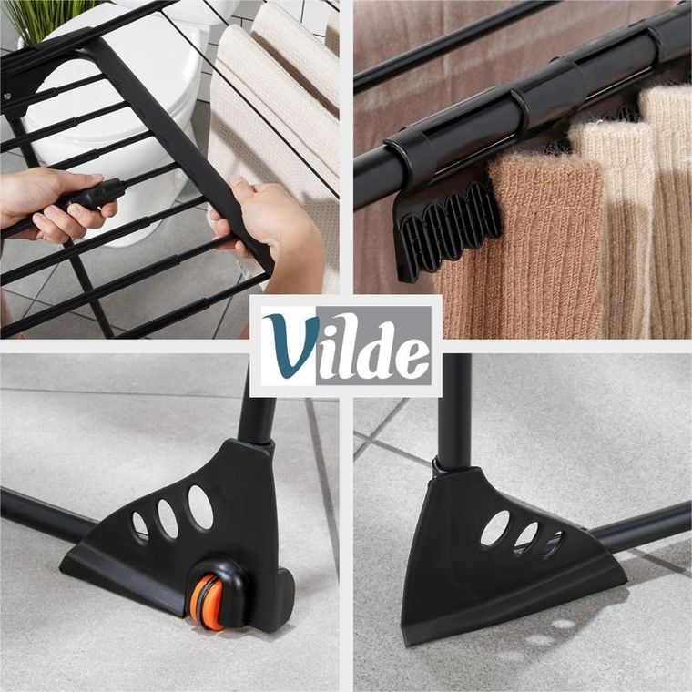 Vilde, suszarka na pranie, metalowa, czarna rozsuwana XXL, 204-260-56-103 cm