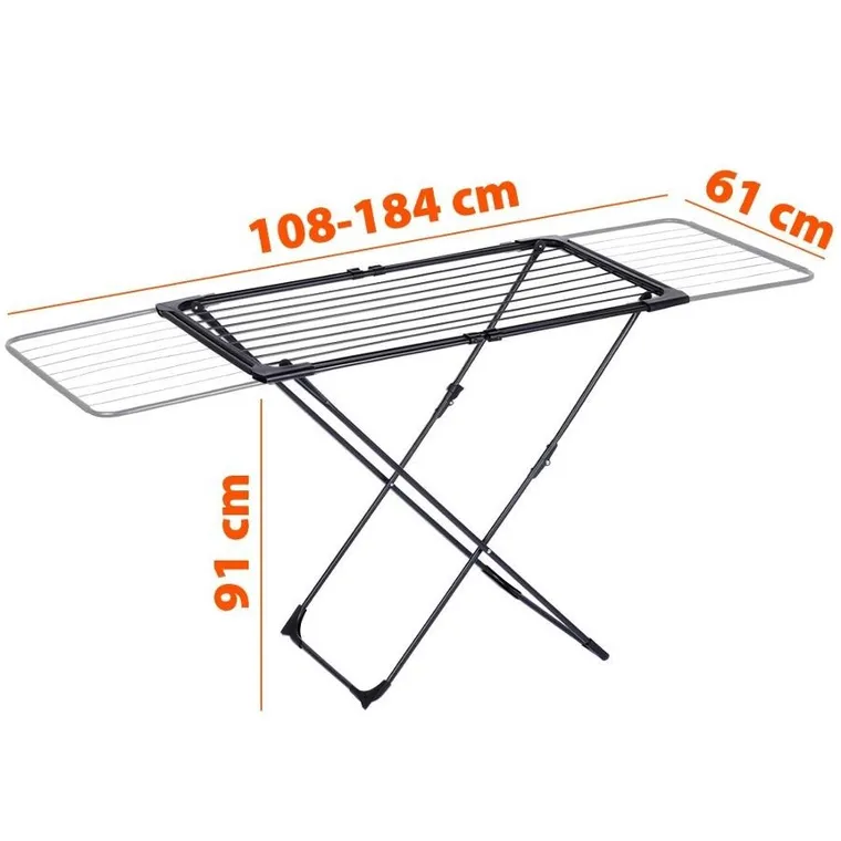 Vilde, suszarka na pranie, metalowa i rozsuwana, czarna, rozmiar XXL, 108-182 cm