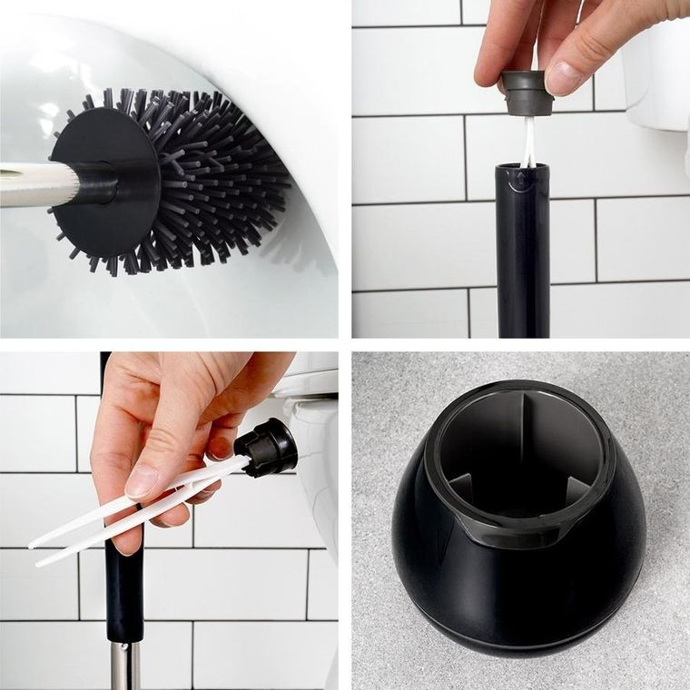 Vilde, szczotka do toalety silikonowa ze stojakiem i szczypcami, czarna, 42 cm
