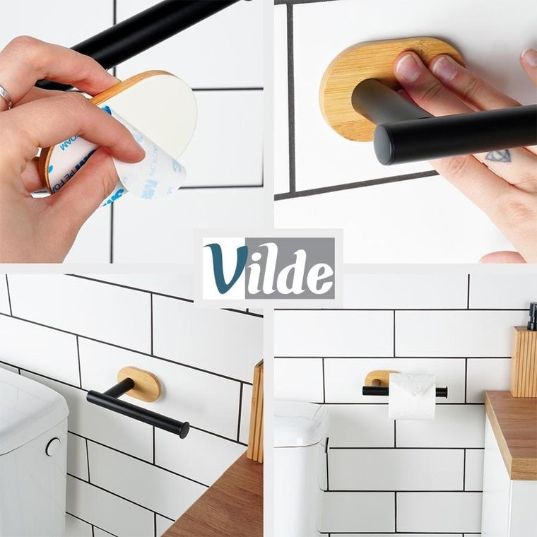 Vilde, uchwyt na papier toaletowy stalowy, bambusowy, czarny, 17 cm