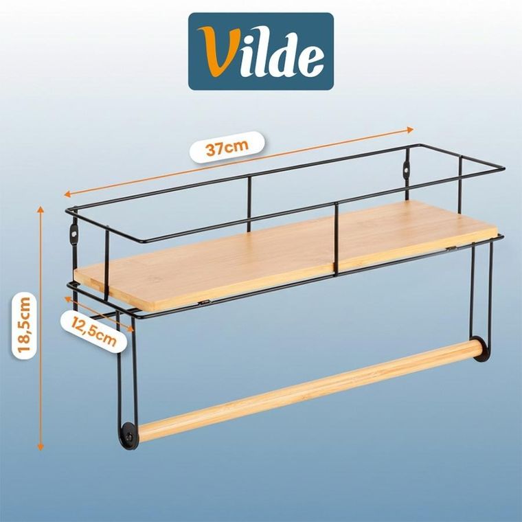 Vilde, wieszak na ręcznik papierowy, z półką, metalowy, czarny, 37-12,5-18,5 cm