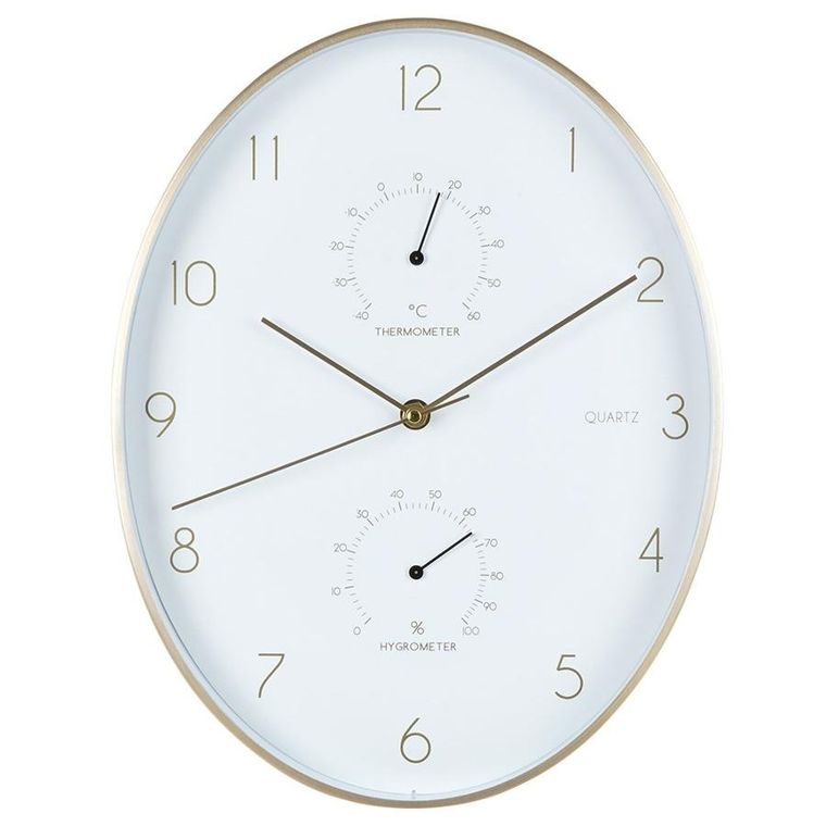 Vilde, zegar ścienny biały złoty, z termometrem higrometrem, 27-34.5 cm