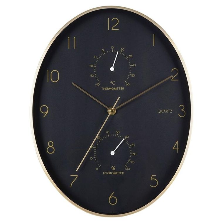 Vilde, zegar ścienny czarny złoty, z termometrem higrometrem, 27-34.5 cm