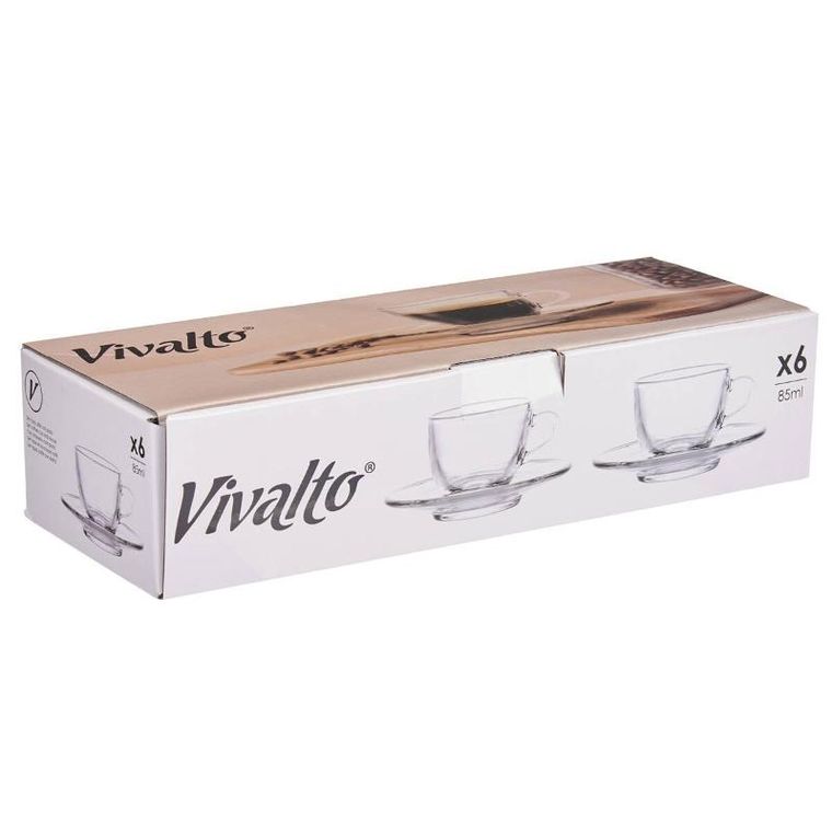 Vivalto, szklane filiżanki do espresso ze spodkami, 6 szt., 85 ml