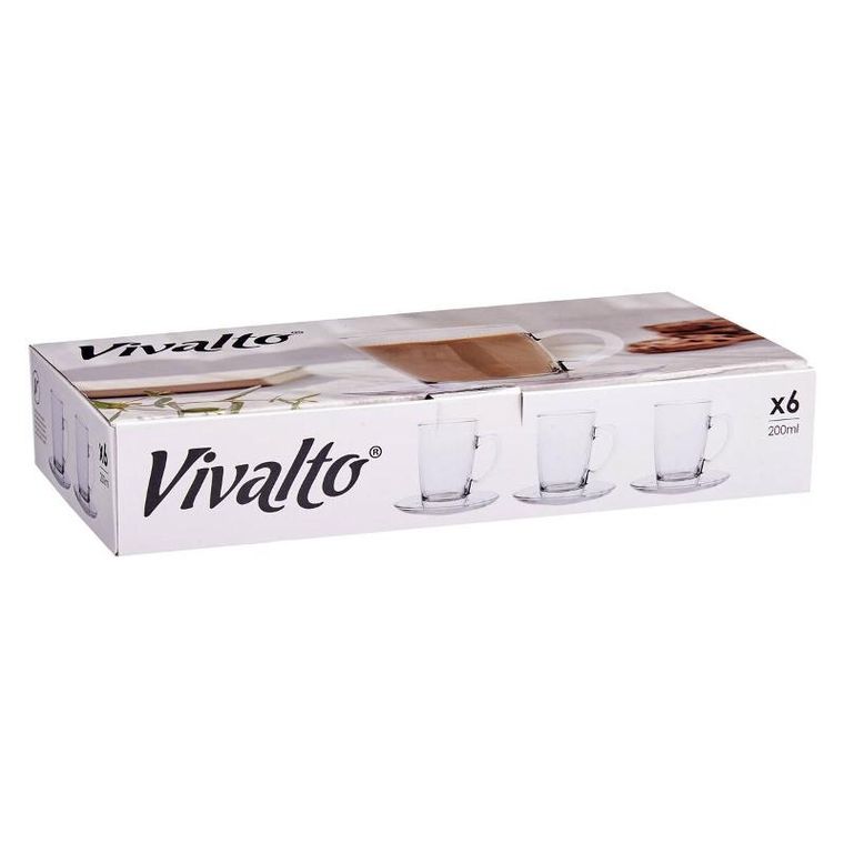 Vivalto, szklane filiżanki do kawy cappuccino ze spodkami, 6 szt., 200 ml