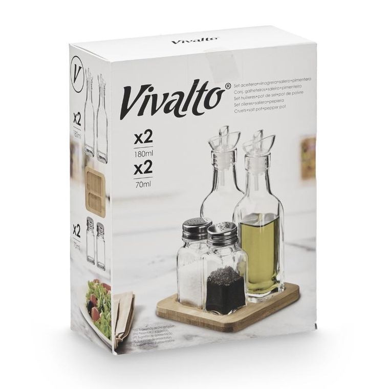 Vivalto, zestaw do przypraw i oleju z drewnianą podstawą, 4 elementy