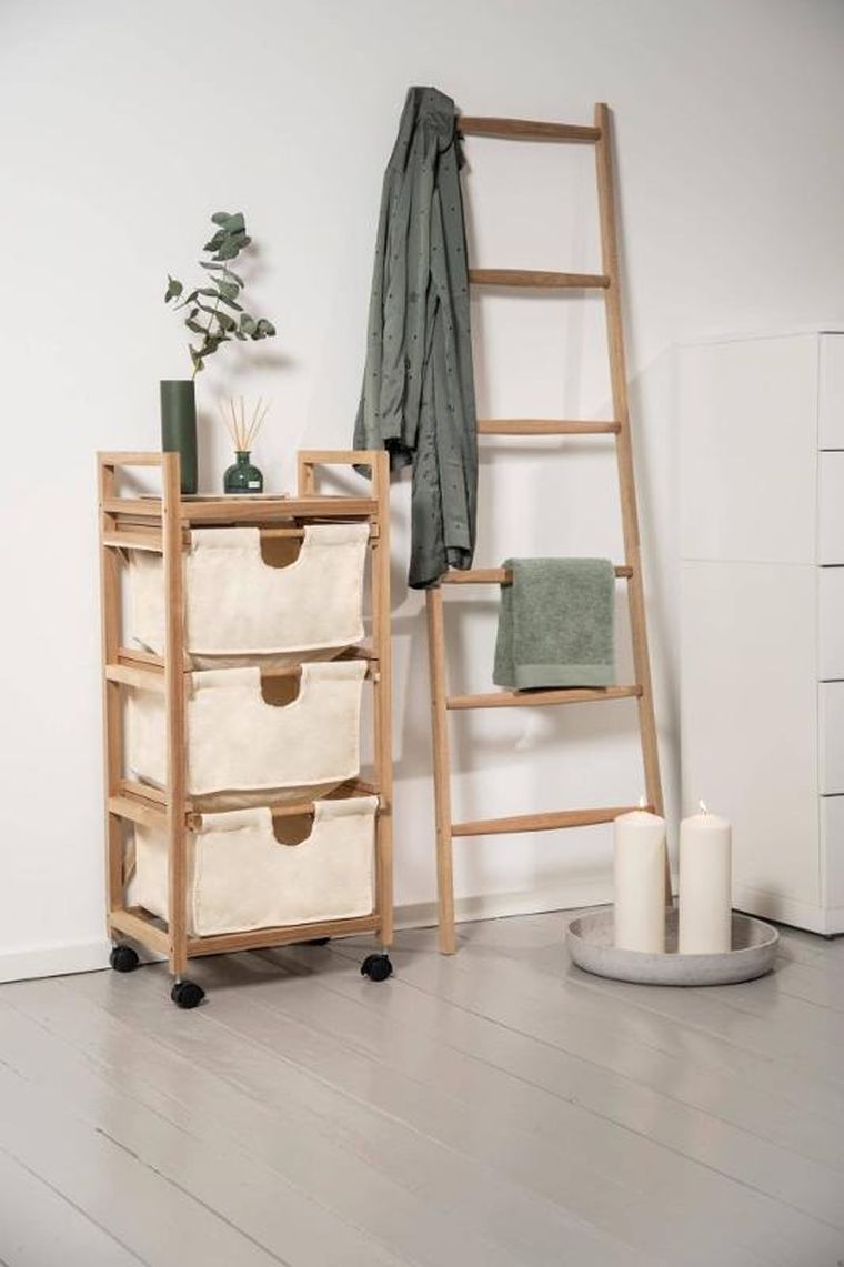 Wenko, Acina, szafka łazienkowa z trzema materiałowymi pojemnikami, drewno akacjowe