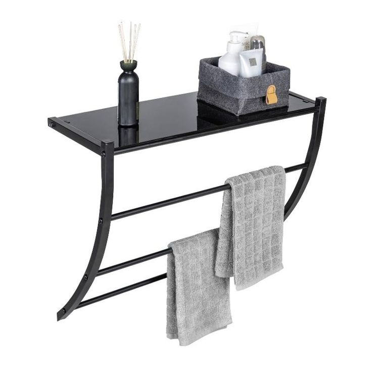 Wenko, czarny wieszak ścienny ze szklaną półką, Tarderia