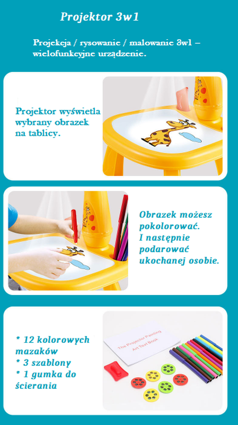 Wielofunkcyjny projektor do nauki rysowania, żyrafa, żółty