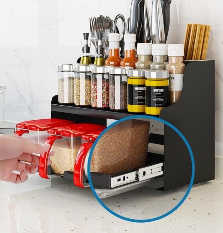 Wielofunkcyjny stojak na przyprawy kuchenne, czarny, dwupoziomowy