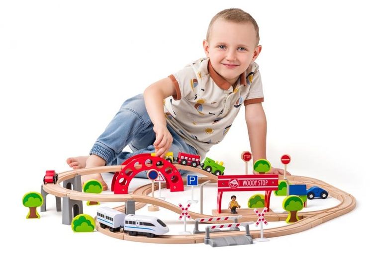 Woodyland, kolejka drewniana z figurkami, 60 elementów