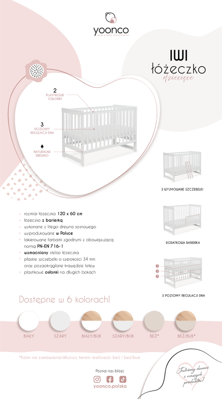 Yoonco, IWI, łóżeczko drewniane z barierką, białe/buk