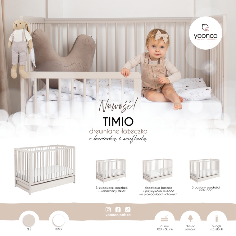 Yoonco, Timio, łóżeczko drewniane z barierką, beżowe, 120-60 cm