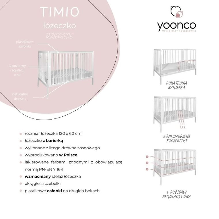 Yoonco, Timio, łóżeczko drewniane z barierką, białe
