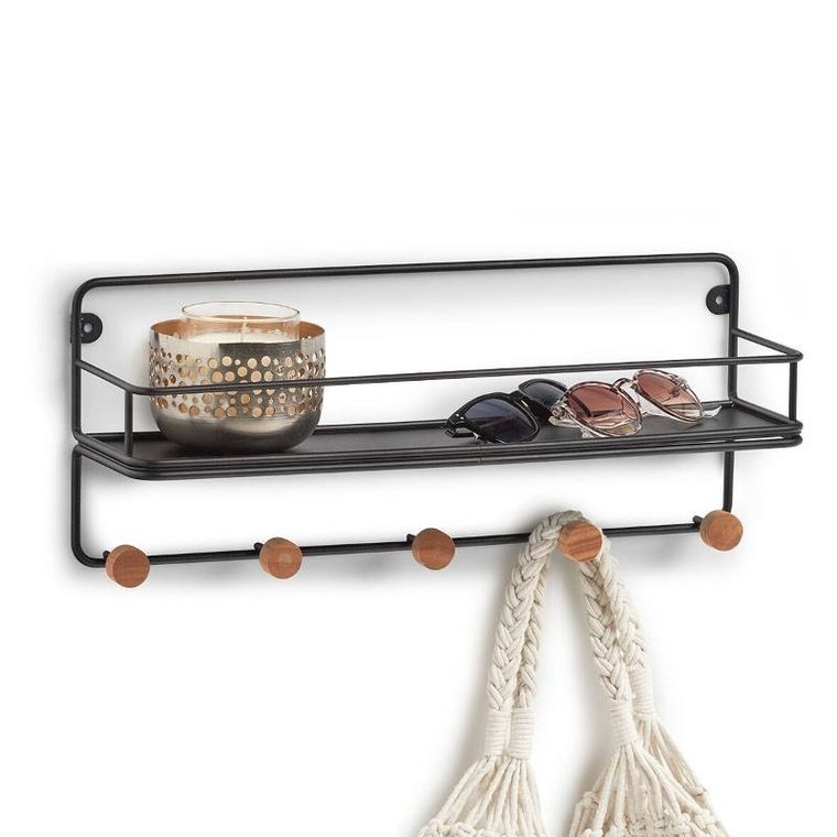 Zeller, metalowa półka ścienna z drewnianymi haczykami