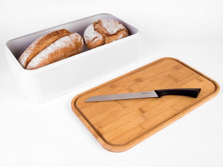 Zeller, metalowy chlebak z bambusową deską do krojenia, 2w1