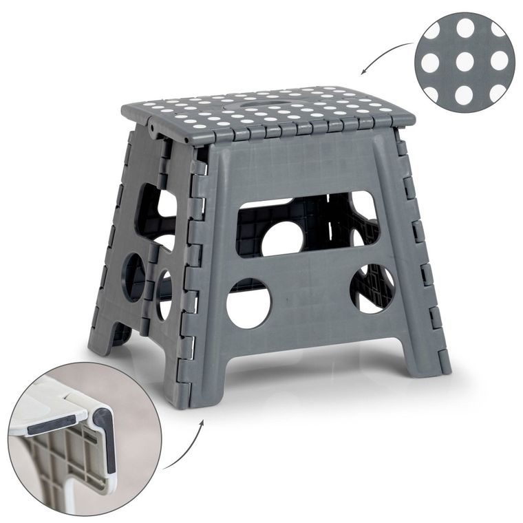 Zeller, składany stołek antypoślizgowy, 37-30-32 cm, ciemno-szary