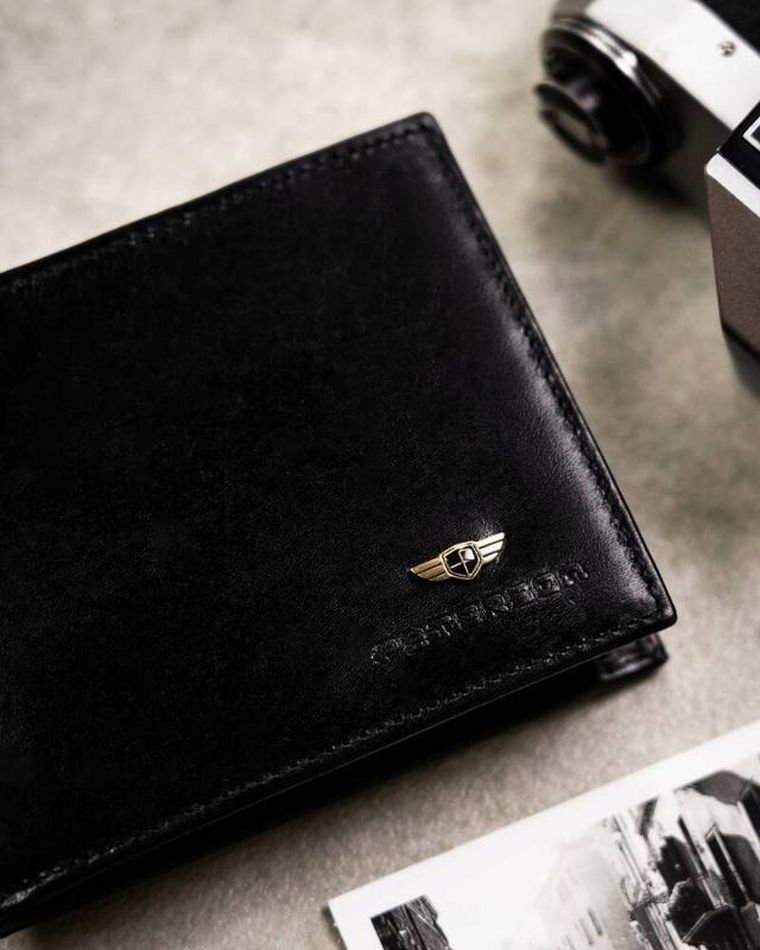 Zestaw: Portfel, Etui na karty, Brelok, czarny, skórzany, RFID, Peterson