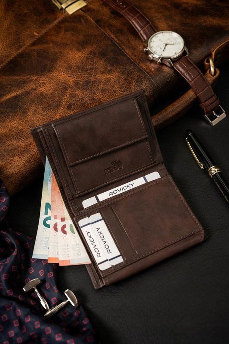 Zestaw: Portfel, Pasek, brązowy, skóra ekologiczna, RFID, Rovicky