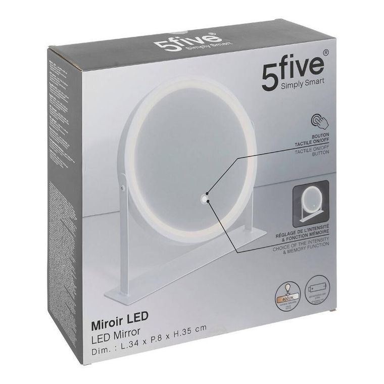 5five Simply Smart, lusterko kosmetyczne z podświetleniem LED, białe, Ø 34 cm
