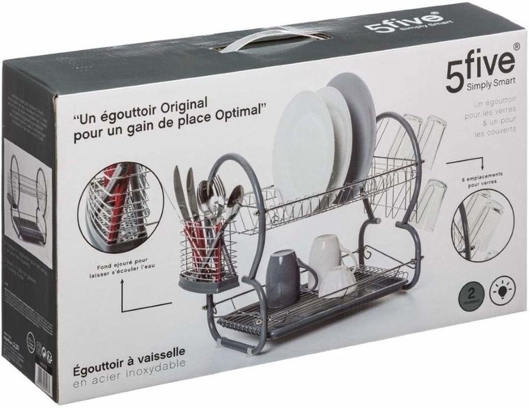5five Simply Smart, ociekacz do naczyń 2 poziomy + koszyk na sztućce, szary