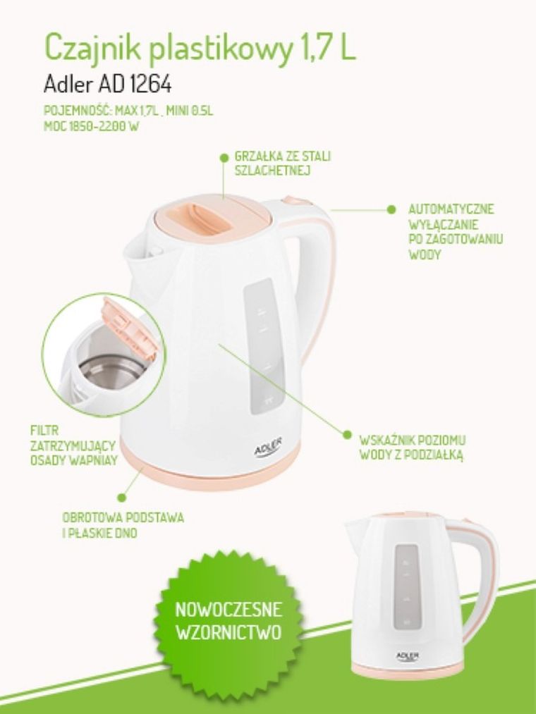 Adler, czajnik elektryczny, 2200W, 1.7l, AD 1264