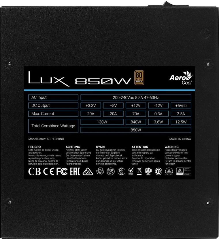 Aerocool, zasilacz, Pgs Lux 850W 80+ Bronze/Psu