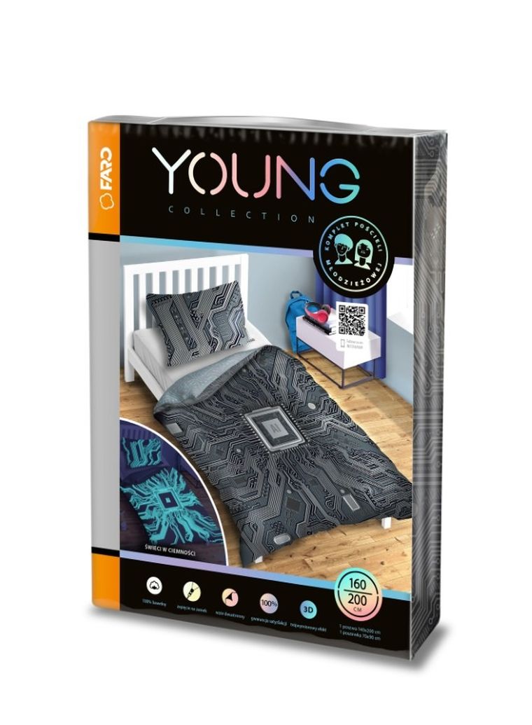 AI, Fluo, 2-częściowy komplet pościeli bawełnianej, świecąca w ciemności, 160-200 cm