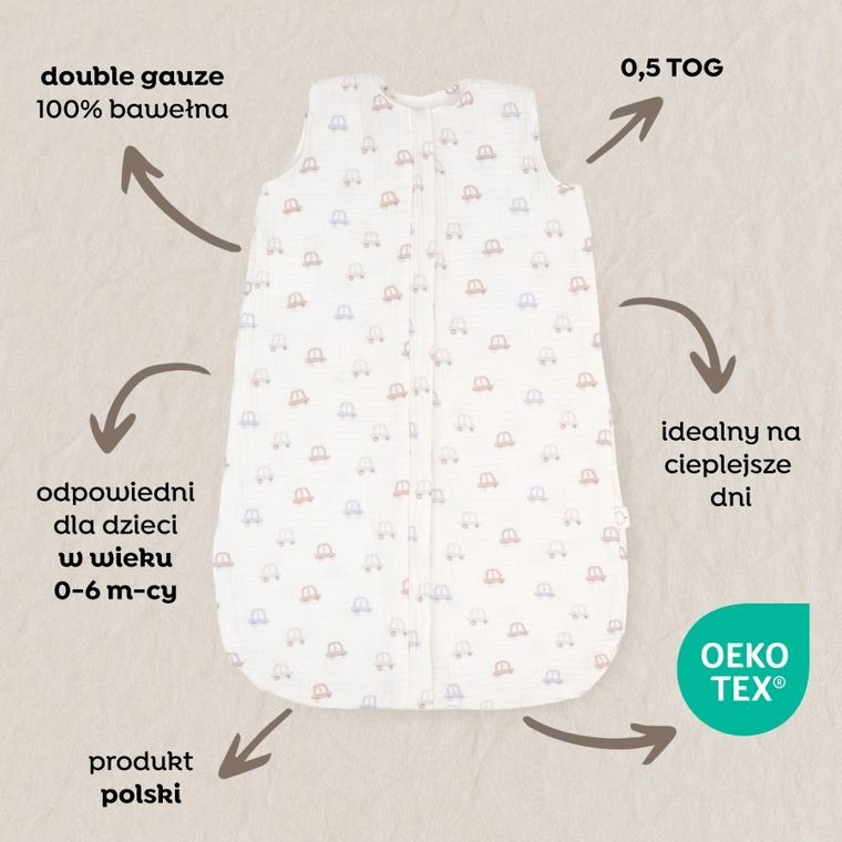 Albero Mio, Mini Cars, śpiworek do spania, muślinowy, TOG 0.5, rozmiar M