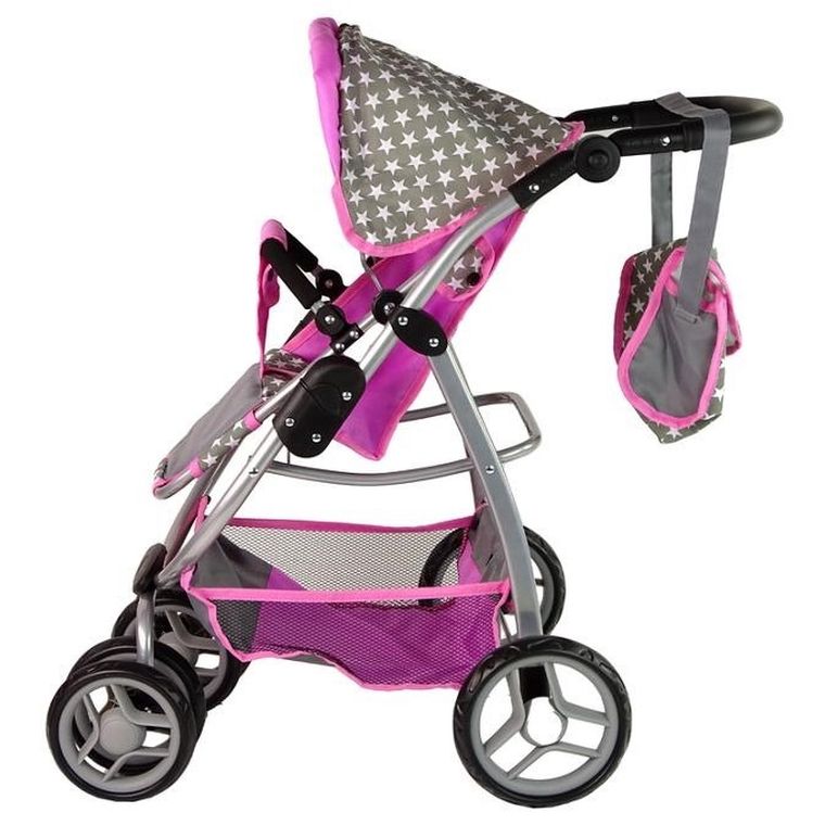 Alice, wózek dla lalek 2w1, spacerówka gondola, torba, gwiazdki, różowy