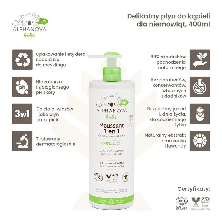 Alphanova, Bebe Bio, delikatny płyn do kąpieli dla niemowląt 3w1, 400 ml