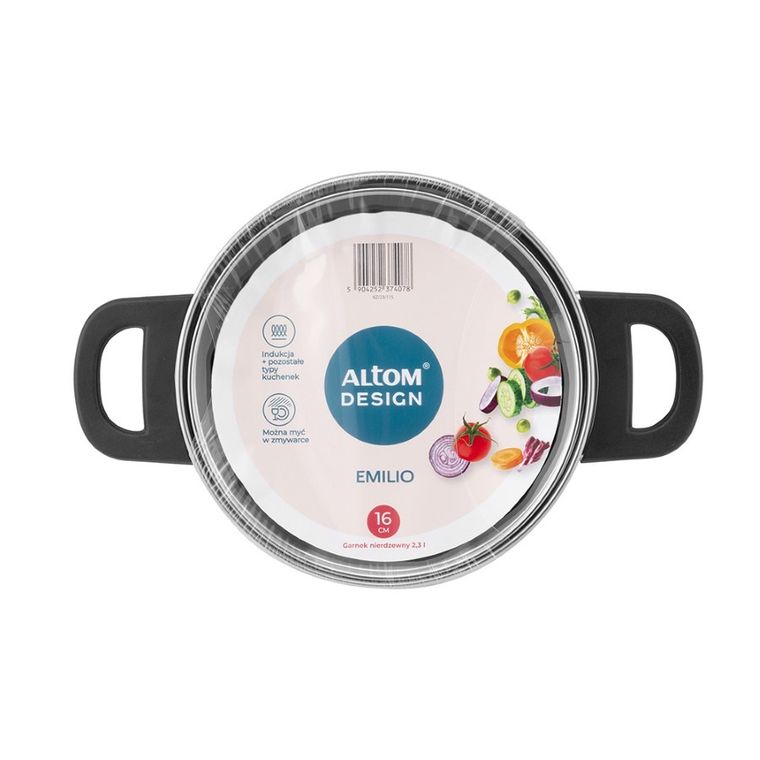 Altom Design, Emilio, wysoki garnek nierdzewny z pokrywą szklaną, 2,3l, 16 cm