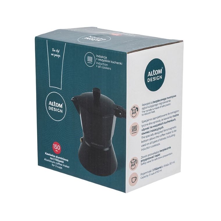 Altom Design, kawiarka aluminiowa, 150 ml na 3 filiżanki, czarna, indukcja