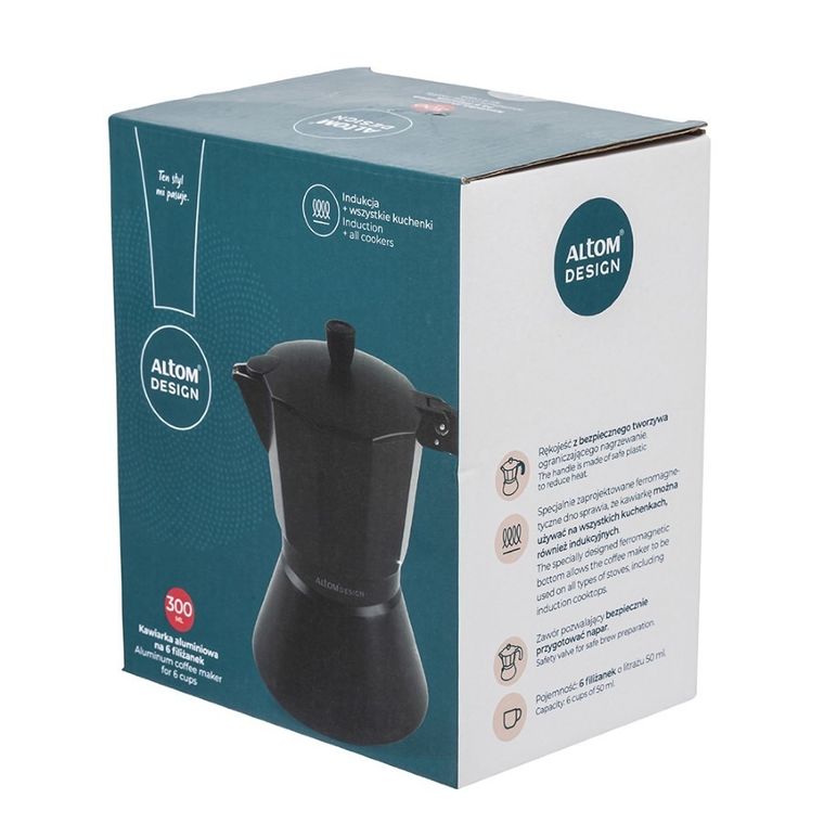 Altom Design, kawiarka aluminiowa, 300 ml na 6 filiżanek, czarna, indukcja