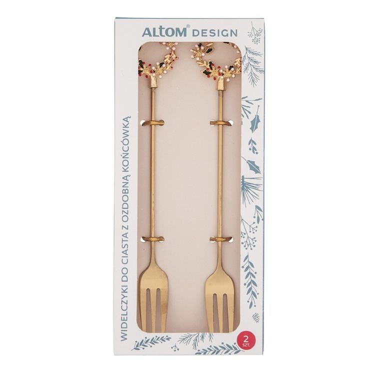 Altom Design, komplet 2 widelczyków do ciasta z ozdobną końcówką, Świąteczny Wianek, złoty