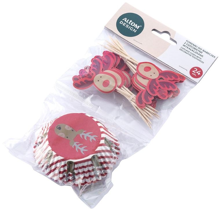 Altom Design, komplet 24 papierowych foremek do babeczek i 24 ozdobnych wykałaczek, renifer