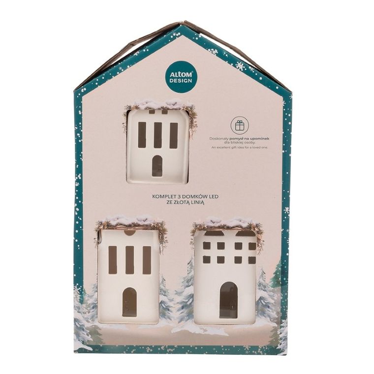 Altom Design, zestaw prezentowy: komplet domków LED ze złotą linią, 3 szt.