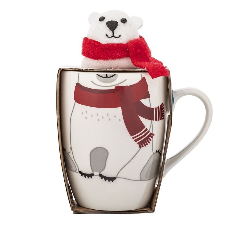Altom Design, zimowy kubek baryłka nbc, 340 ml, z maskotką, miś, w opasce