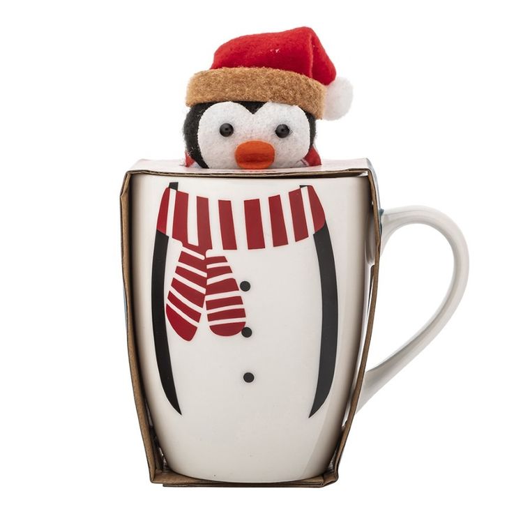 Altom Design, zimowy kubek baryłka nbc, 340 ml, z maskotką, pingwinek, w opasce