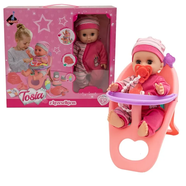 Askato, lalka z krzesełkiem do karmienia, różowe ubranko