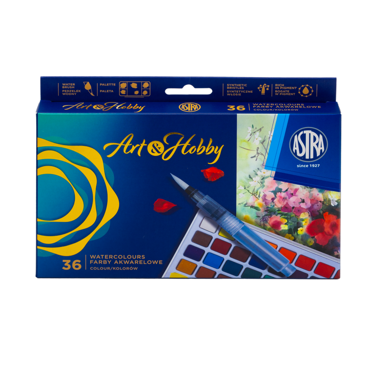 Astra, Art&Hobby, zestaw: farby akwarelowe + pędzelek wodny + paletka, 36 kolorów