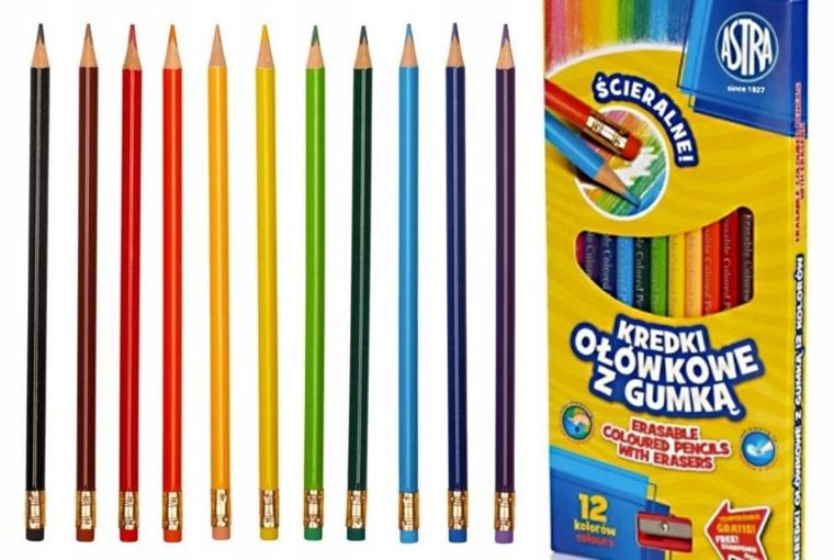 Astra, kredki ołówkowe z gumką i temperówką, 12 kolorów