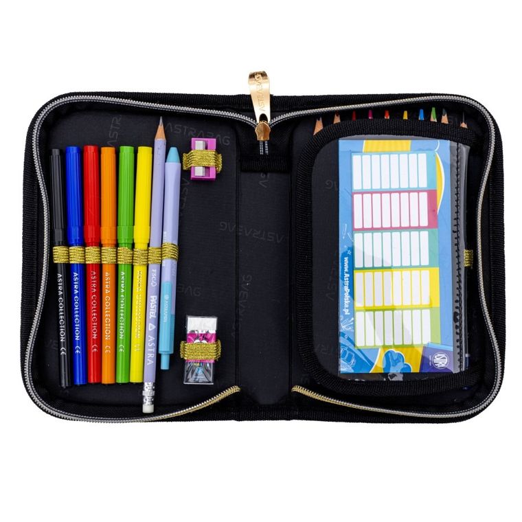 Astrabag, piórnik rozkładany, pojedynczy, z wyposażeniem, Fluffy Kitty Black