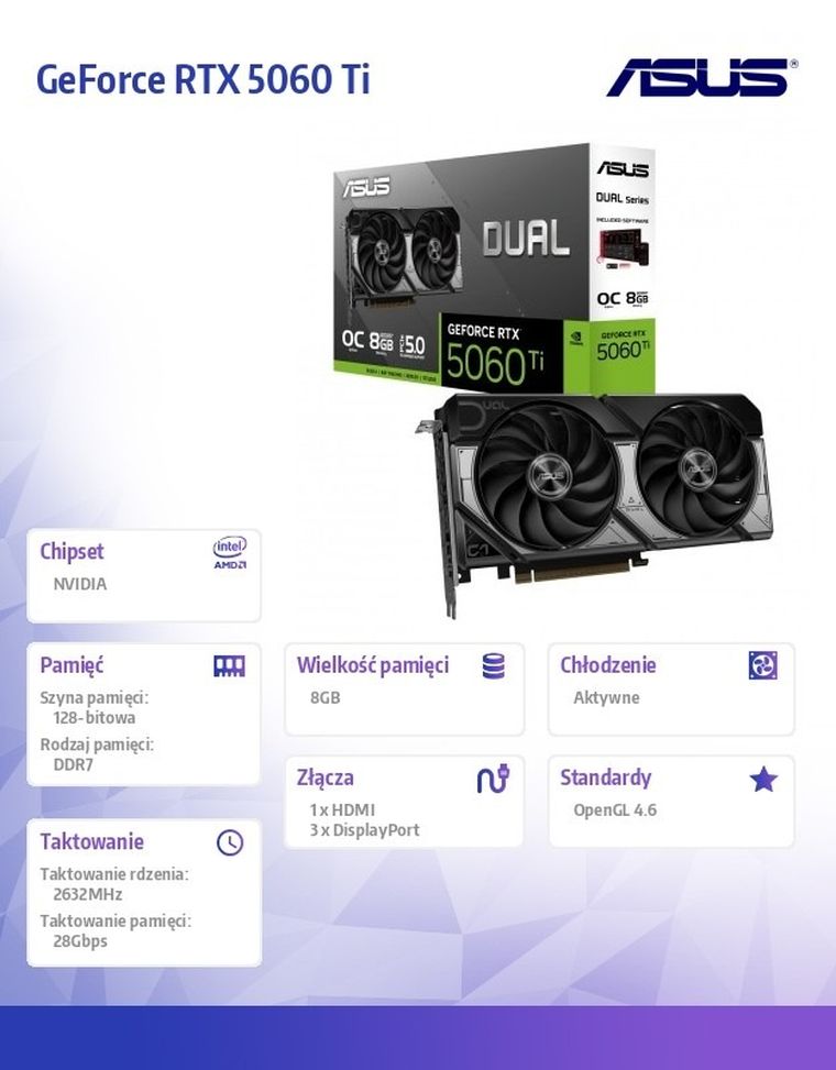 Asus, karta graficzna, GeForce RTX 5060 Ti Dual OC 8GB GDDR7 128BIT 3DP/HDMI