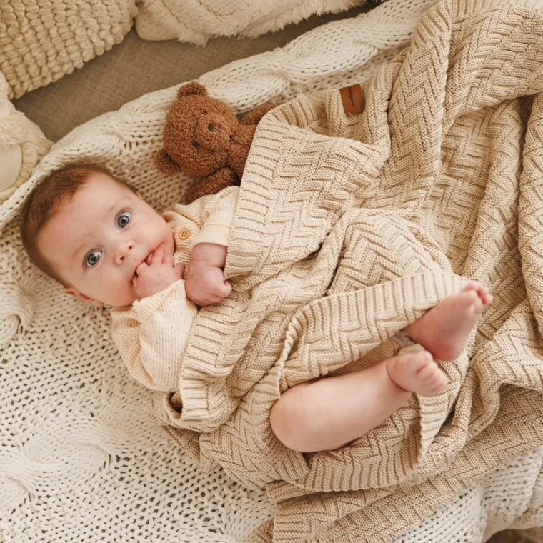 BabyOno, kocyk dzianinowy, bawełniany, beżowy